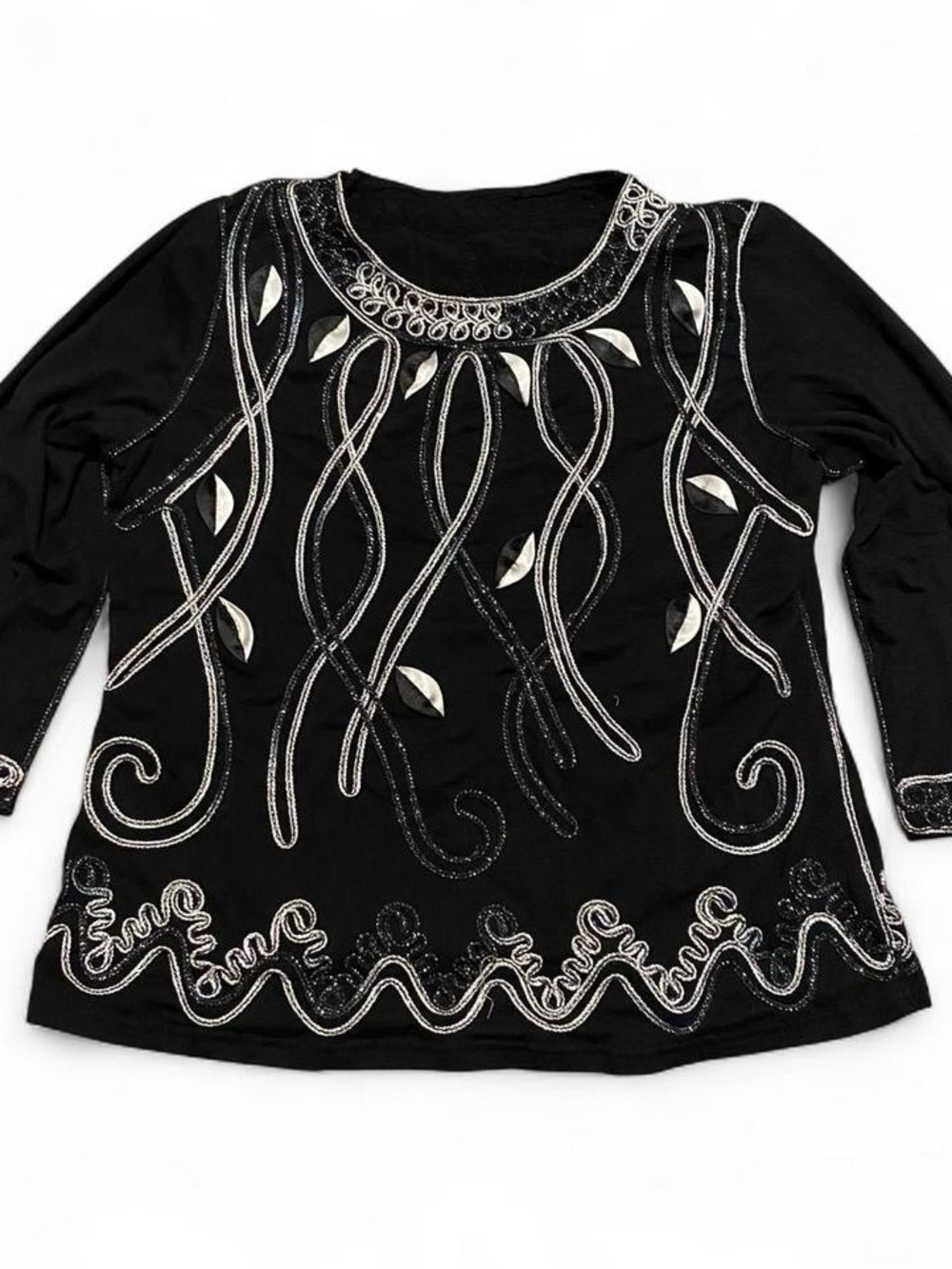 Vintage Black Long-Sleeve Top with Silver Embellishment